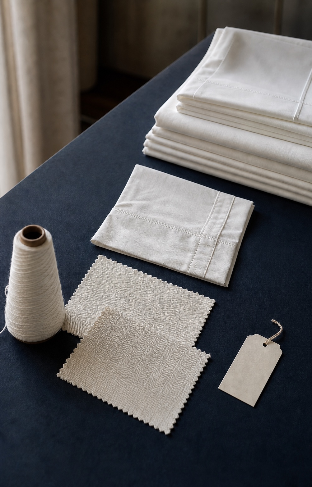 Textile development materials arranged from yarn and fabric samples to finished hotel linens